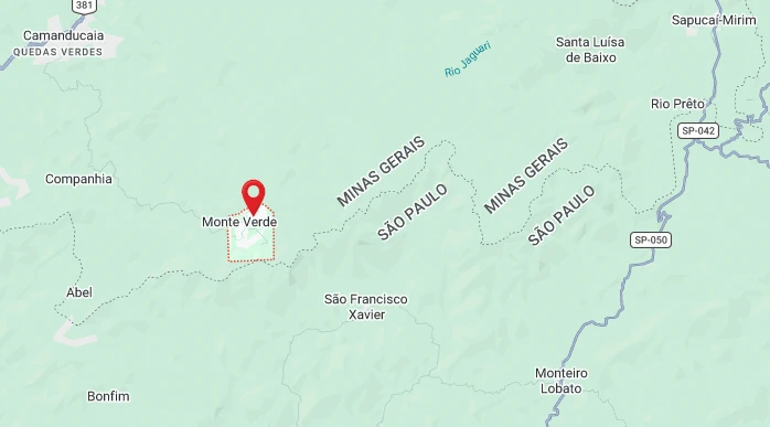 Mapa do Google Maps mostrando a localização de Monte Verde com um pin. O mapa mostra o distrito na região da Serra da Mantiqueira Mineira, com a divisa entre São Paulo e Minas Gerais e cidades ao entorno.