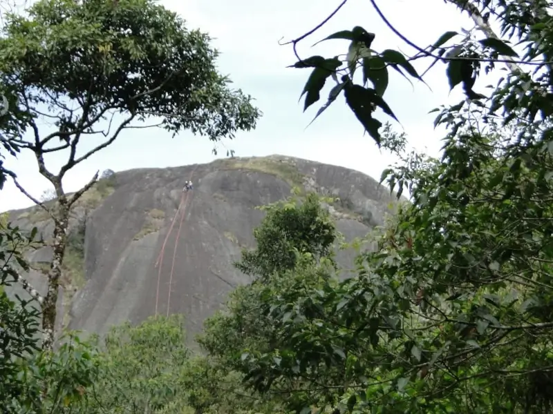 Aventura em Monte Verde: praticantes de rapel descem um grande paredão de pedra cercado por vegetação nativa.