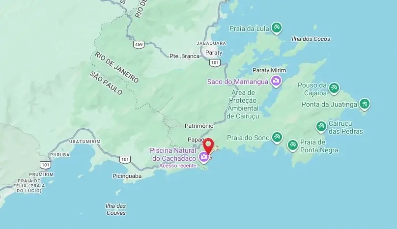 Mapa do litoral sul do Rio de janeiro, divisa com o litoral norte de São Paulo. Nele há um pin de localização da cidade de Trindade/RJ