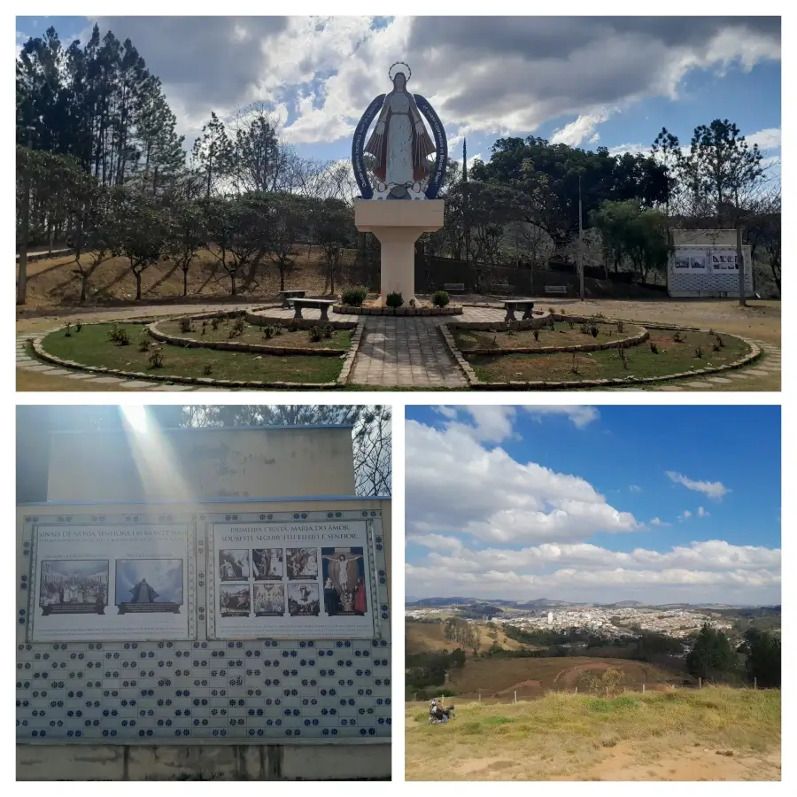 Colagem de três fotos do Mirante da Santa em Monte Sião, exibindo o monumento de Nossa Senhora da Medalha Milagrosa, painéis religiosos e a vista panorâmica do vale mineiro.