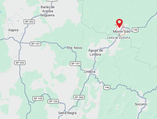 Mapa digital do Google Maps destacando a localização de Monte Sião na divisa de Minas Gerais e São Paulo, próximo a Águas de Lindóia e Serra Negra.